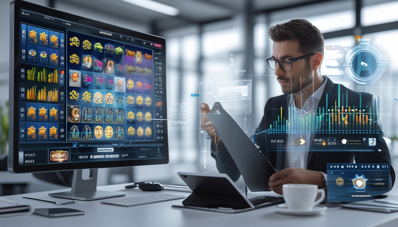 Seorang profesional sedang menganalisis data di depan komputer dengan tampilan permainan slot online dan grafik keuntungan di ruang kerja yang terang dan modern.