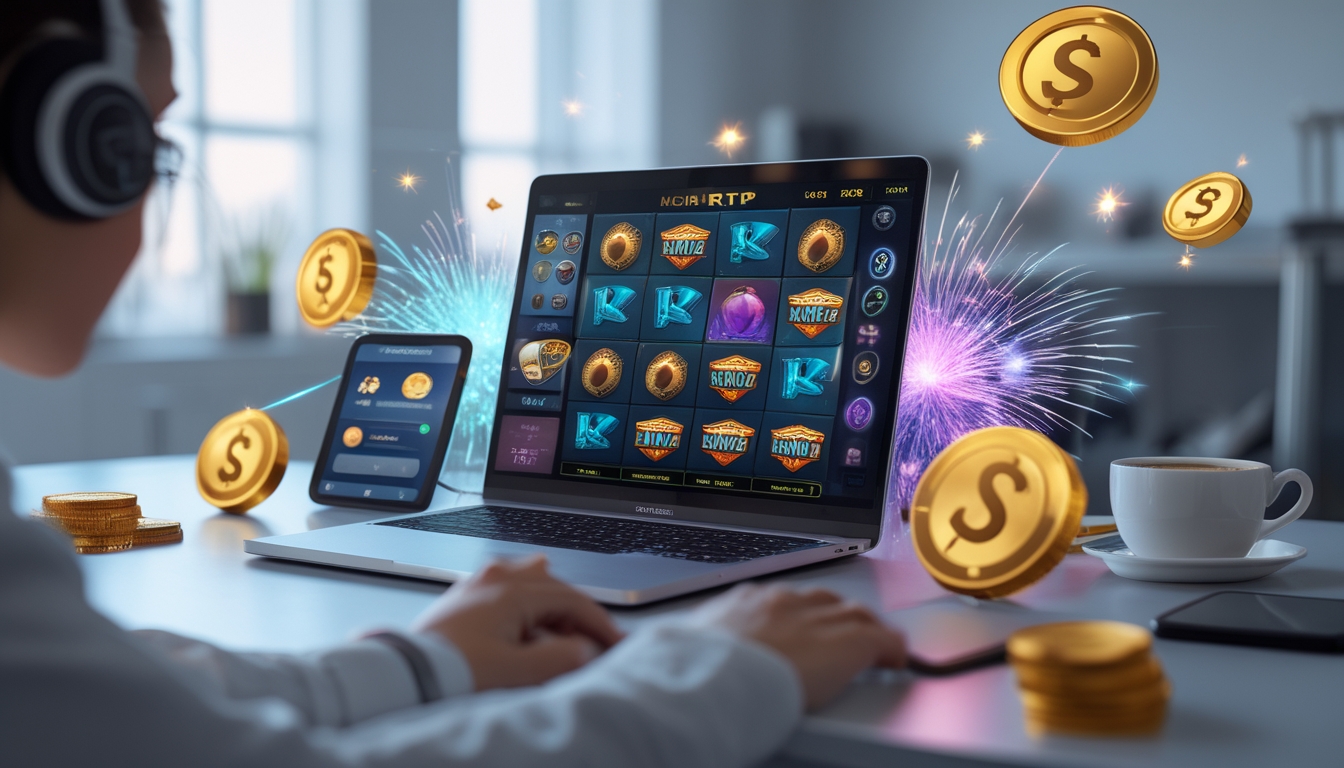 Seorang pemain menggunakan laptop dengan tampilan permainan slot online yang cerah dan berwarna-warni, dikelilingi oleh simbol koin dan ikon jackpot di meja kerja yang rapi.