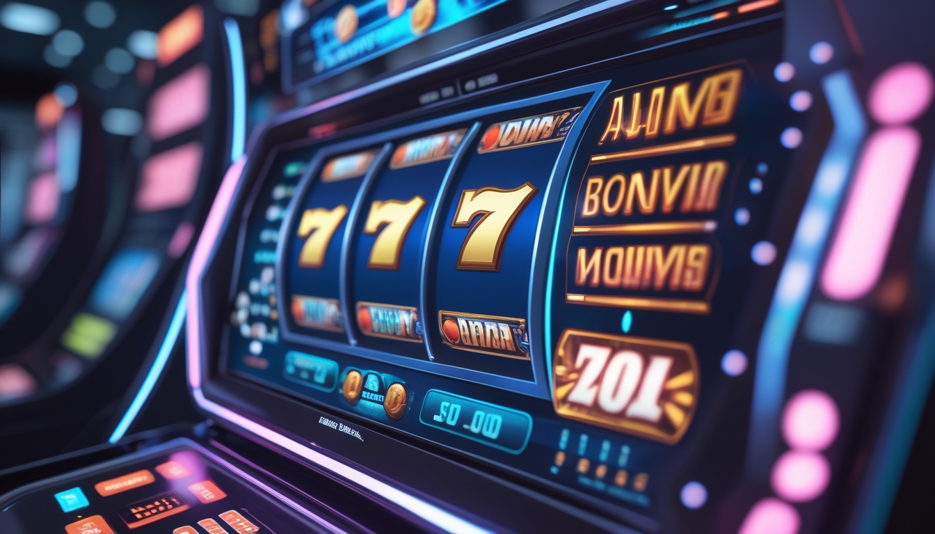 Tampilan mesin slot online dengan simbol klasik dan indikator fitur bonus di layar digital.