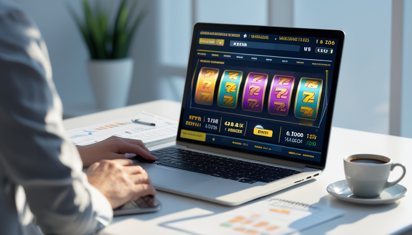 Seseorang menggunakan laptop dengan tampilan permainan slot online di meja kerja yang rapi dan terang.