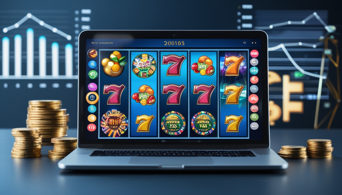 Layar perangkat menampilkan permainan slot online dengan grafik dan simbol keberuntungan, dikelilingi oleh grafik keuangan yang menunjukkan tren naik.