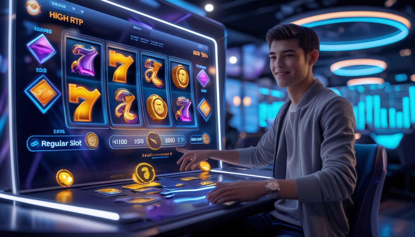 Seorang pemain muda sedang menggunakan layar sentuh digital dengan tampilan mesin slot online yang modern dan berwarna cerah di ruang permainan futuristik.