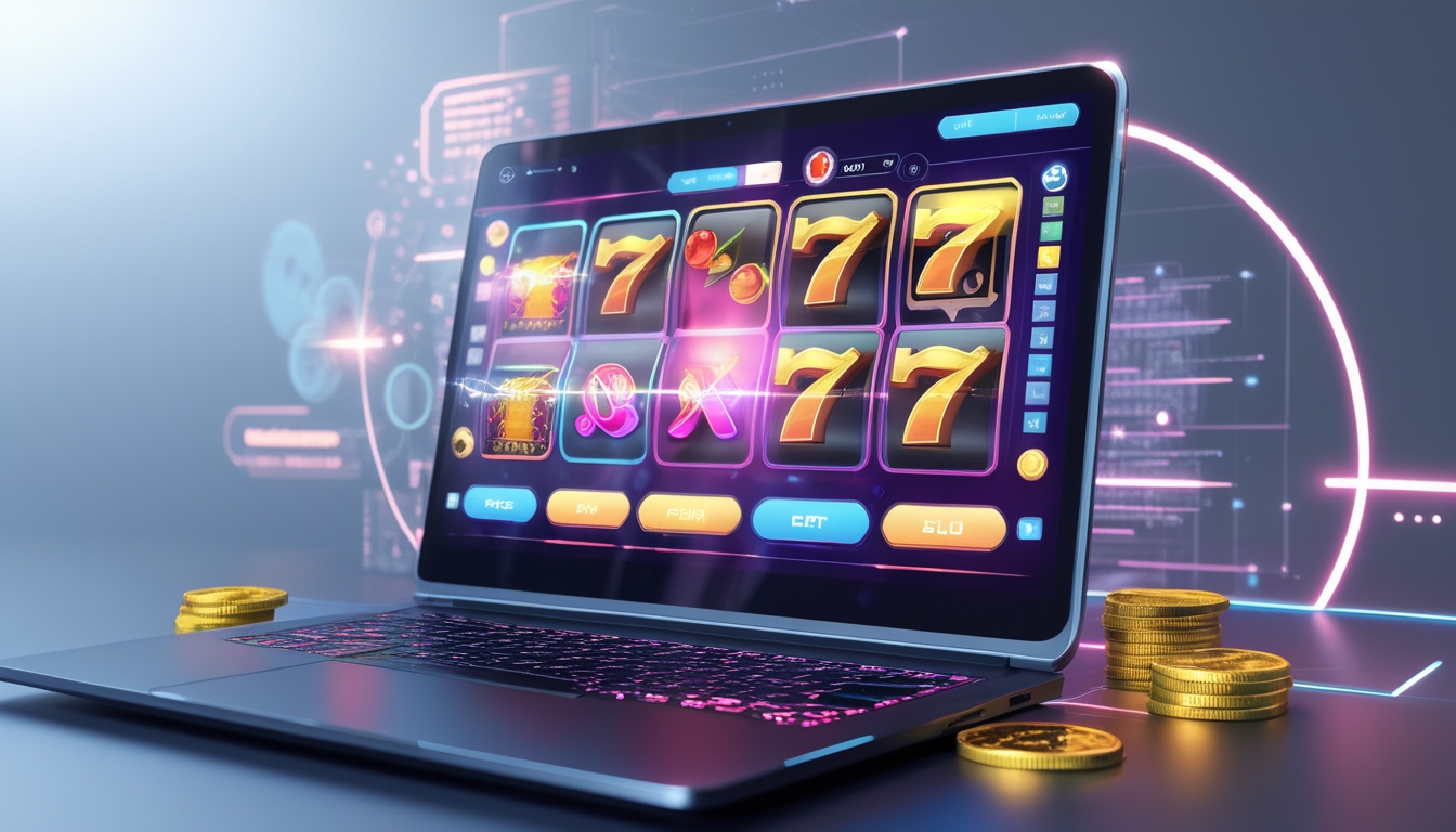 Seseorang menggunakan komputer dengan tampilan permainan slot online berwarna cerah dan simbol-simbol keberuntungan, dikelilingi oleh elemen grafis yang menunjukkan data dan teknologi.