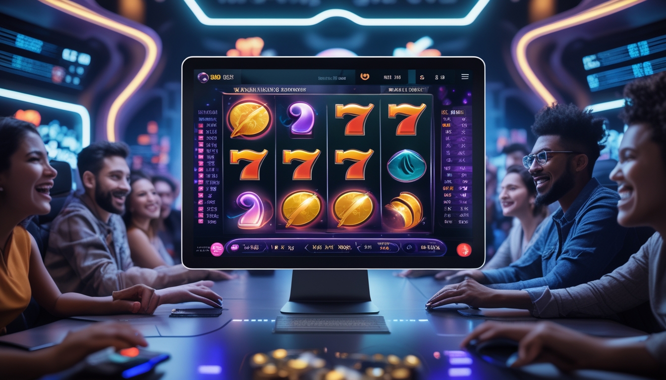 Beberapa orang bermain slot online di depan layar komputer dengan simbol warna-warni dan suasana ruangan yang modern dan futuristik.