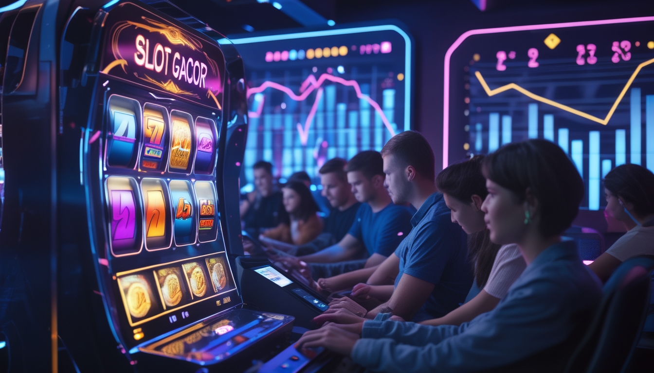 Suasana ruang permainan slot online dengan mesin slot digital yang berputar dan layar menampilkan grafik statistik RTP, serta beberapa pemain yang sedang bermain.