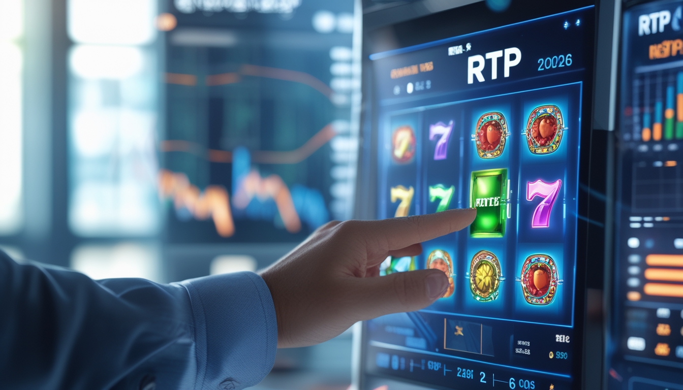 Seorang pria berbusana santai rapi menggunakan perangkat layar sentuh dengan latar belakang mesin slot digital berwarna-warni dan grafik statistik.