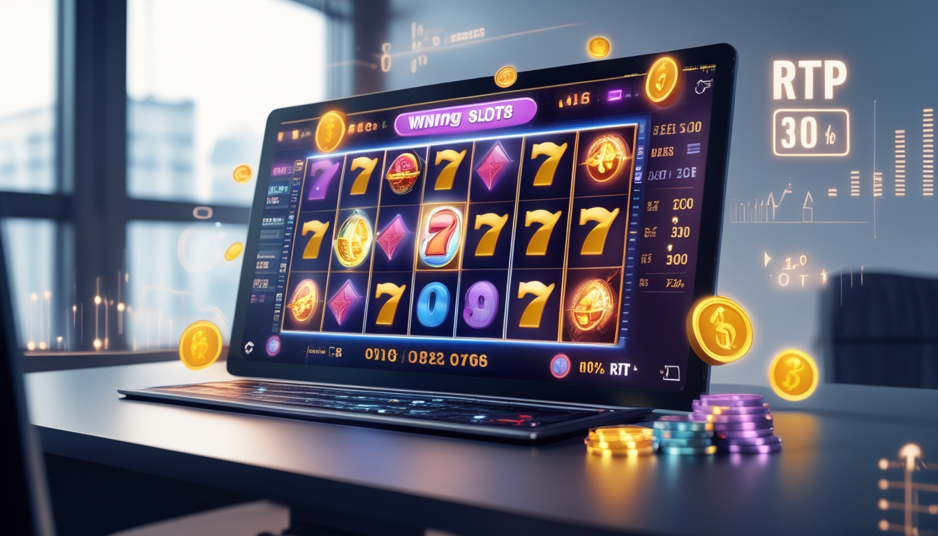 Seorang profesional menggunakan komputer dengan layar menampilkan mesin slot online berwarna cerah dan grafik data di sekitarnya, menunjukkan konsep permainan slot dengan RTP tinggi.