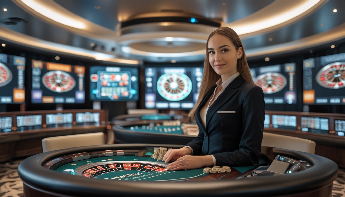 Seorang dealer wanita profesional di studio kasino modern dengan layar besar menampilkan permainan kartu dan roda roulette.