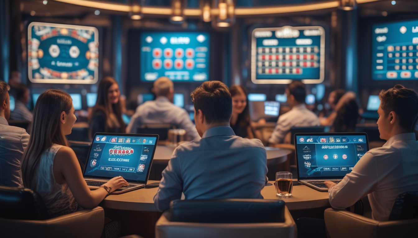 Orang-orang bermain permainan kasino online di sebuah lounge modern dengan layar digital menampilkan permainan kasino.