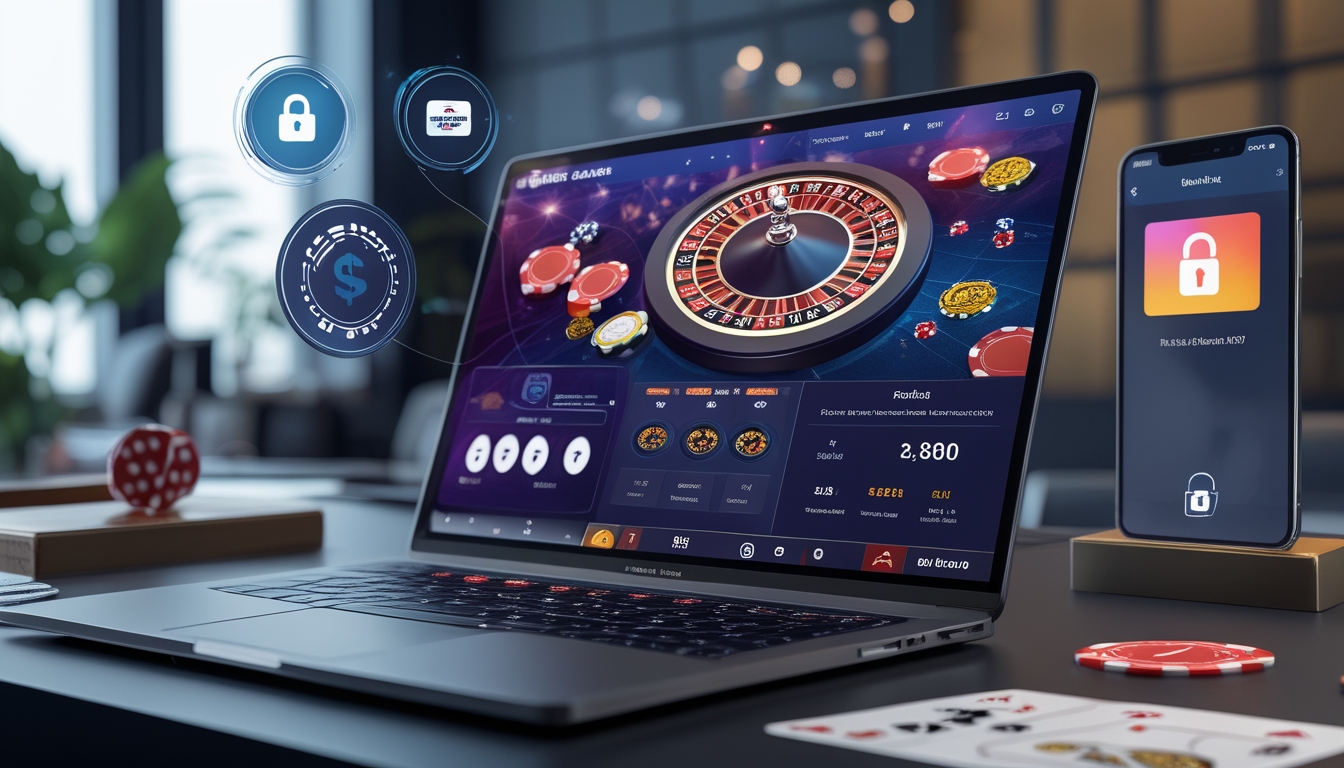 Seorang pengguna sedang bermain permainan kasino langsung online di komputer dengan elemen transaksi cepat dan aman di sekitar layar.