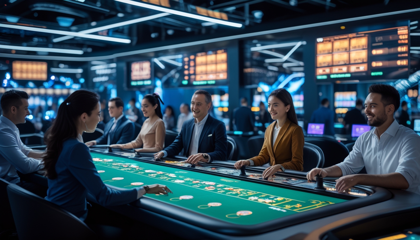 Suasana kasino langsung modern dengan pemain beragam yang bermain di meja digital dan berinteraksi dengan dealer secara virtual di tahun 2026.