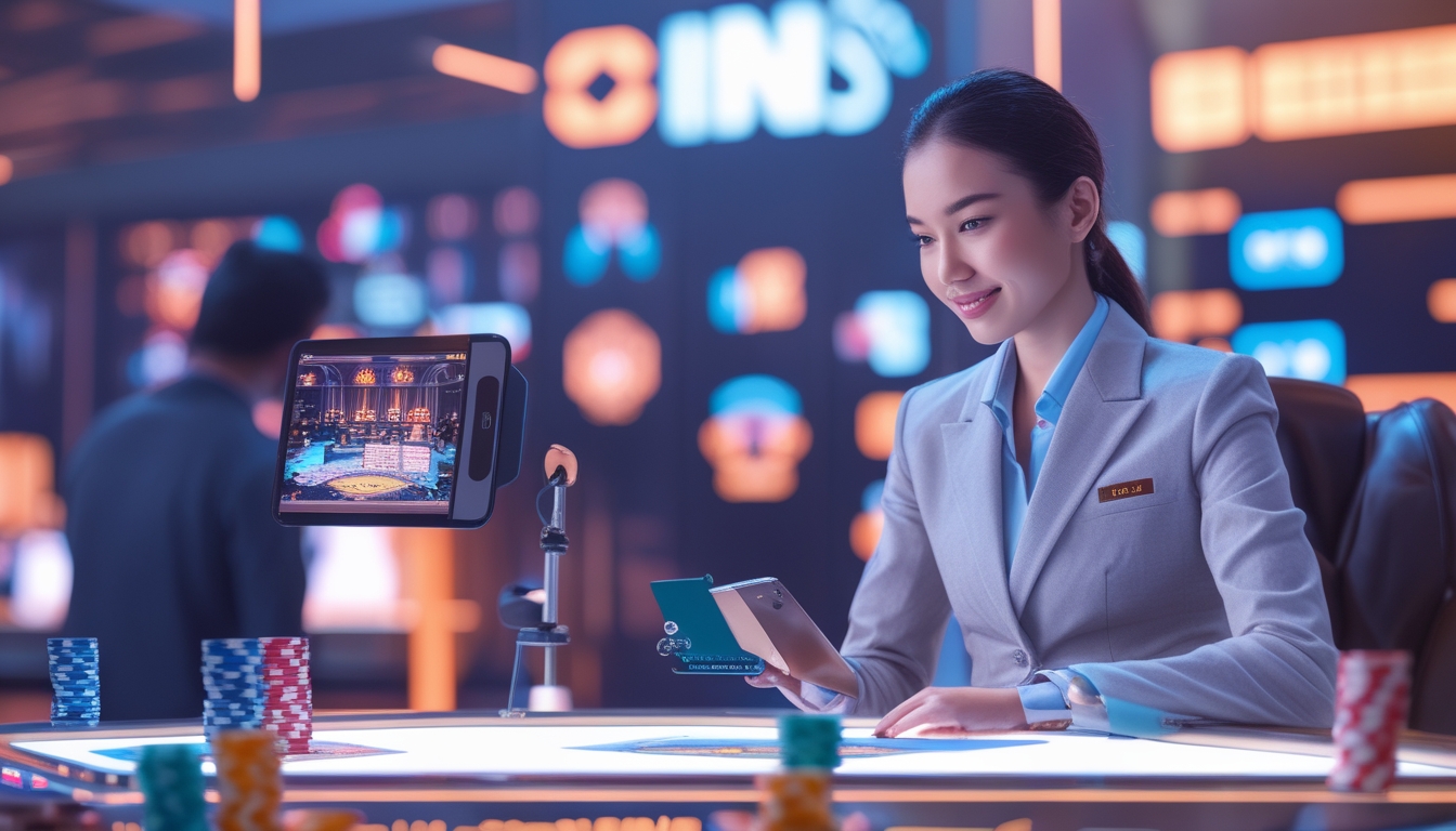 Seorang pemain menggunakan laptop untuk bermain di kasino online dengan dealer langsung dan simbol bank lokal di latar belakang.