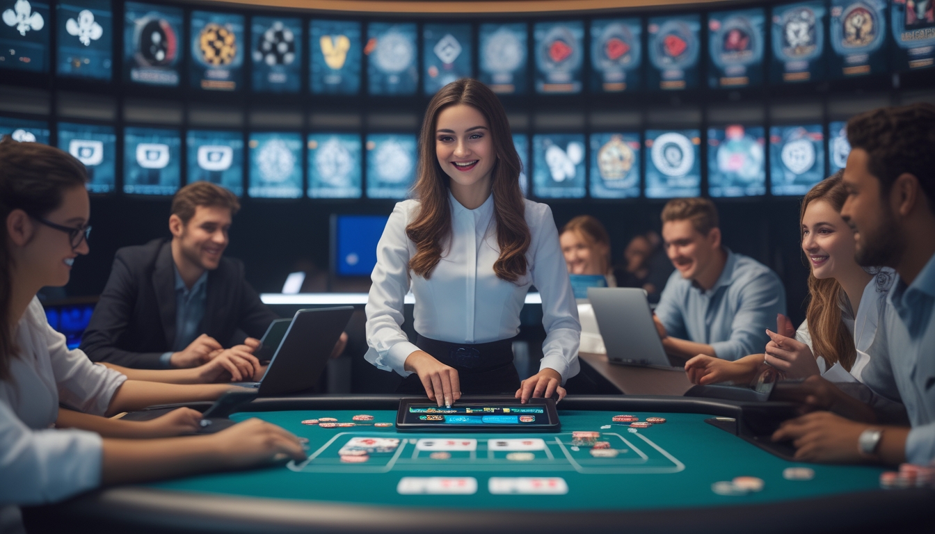 Seorang dealer kasino wanita di studio kasino modern dengan pemain yang menggunakan laptop dan ponsel untuk bermain kasino langsung secara online.