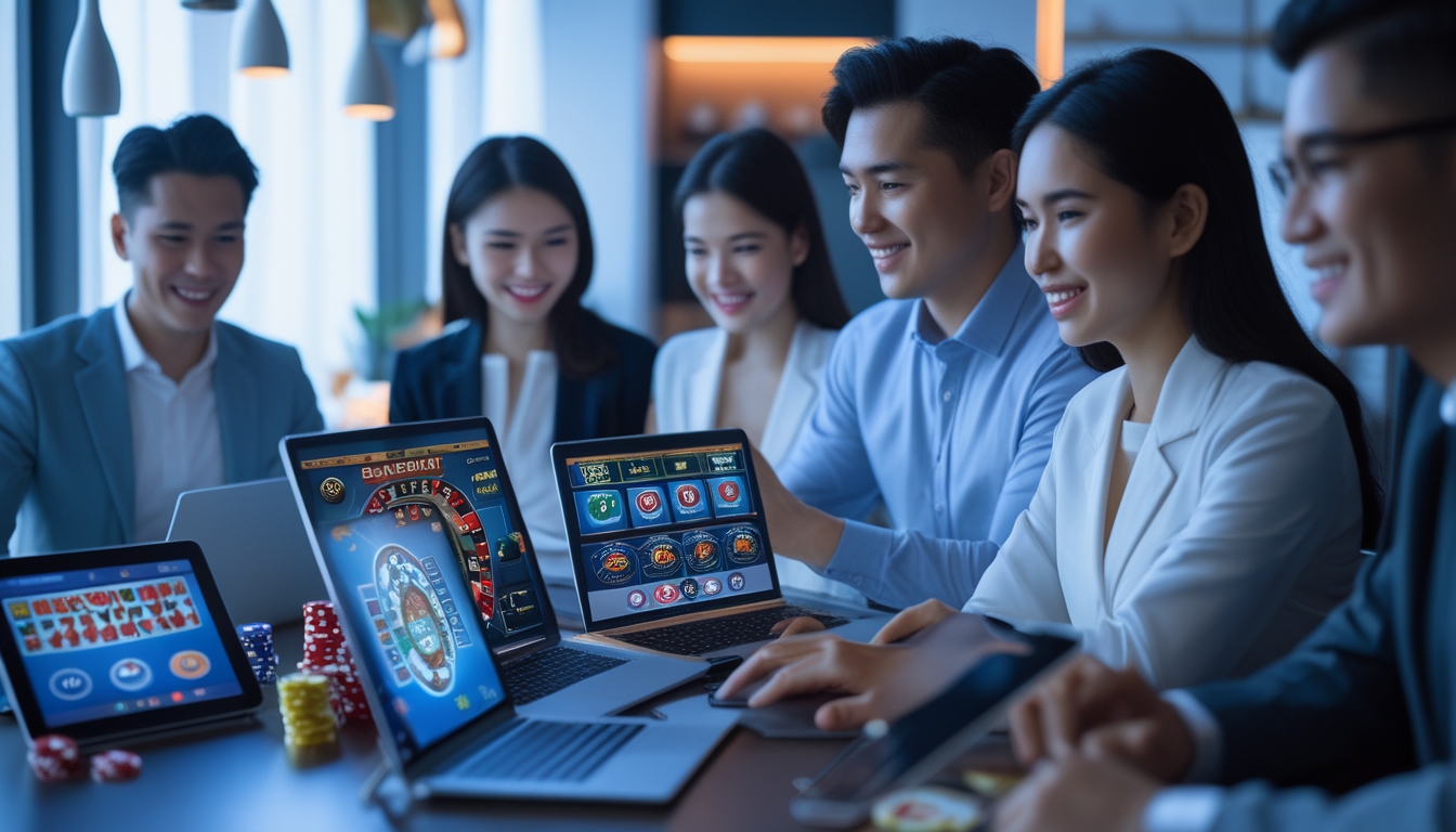 Orang-orang Indonesia bermain permainan kasino langsung secara online menggunakan berbagai perangkat digital di lingkungan modern dan nyaman.