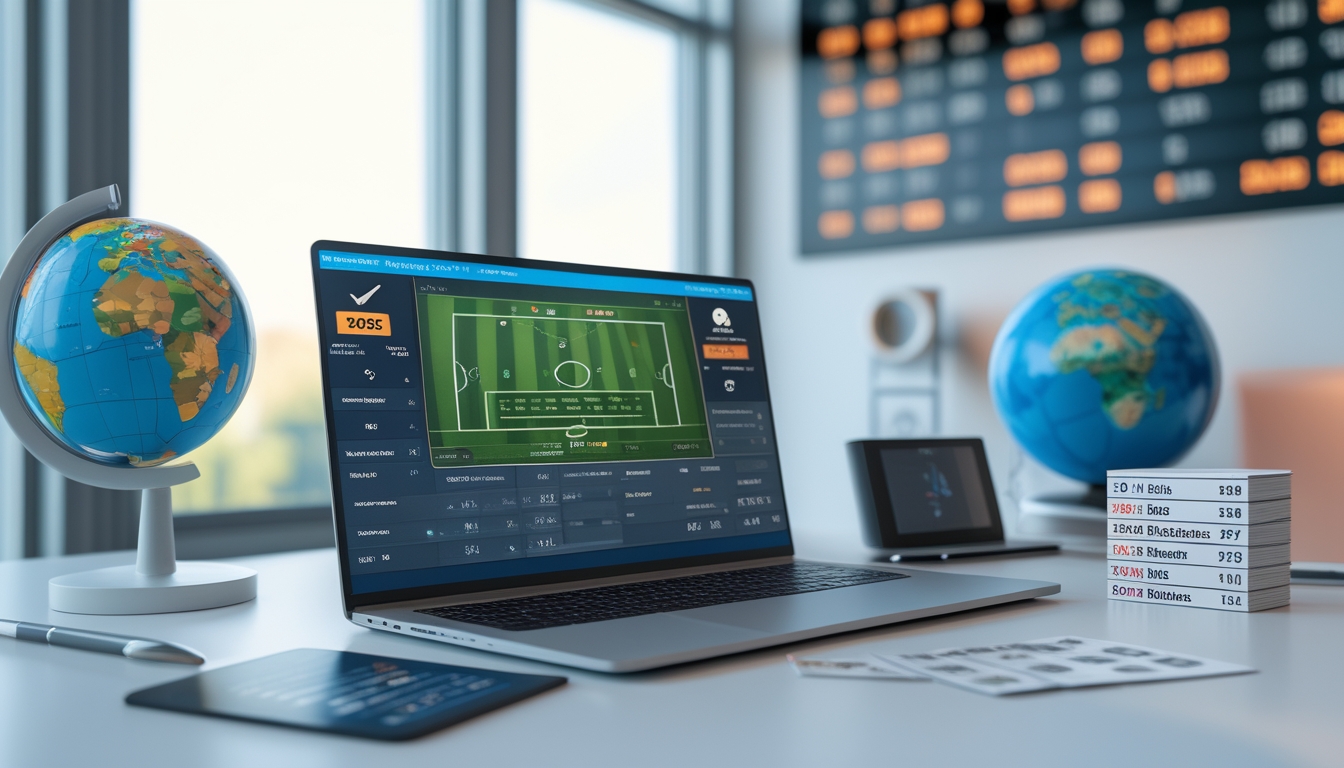 Seorang profesional di meja kerja dengan laptop yang menampilkan analisis pertandingan sepak bola internasional dan alat terkait prediksi judi bola tahun 2026.
