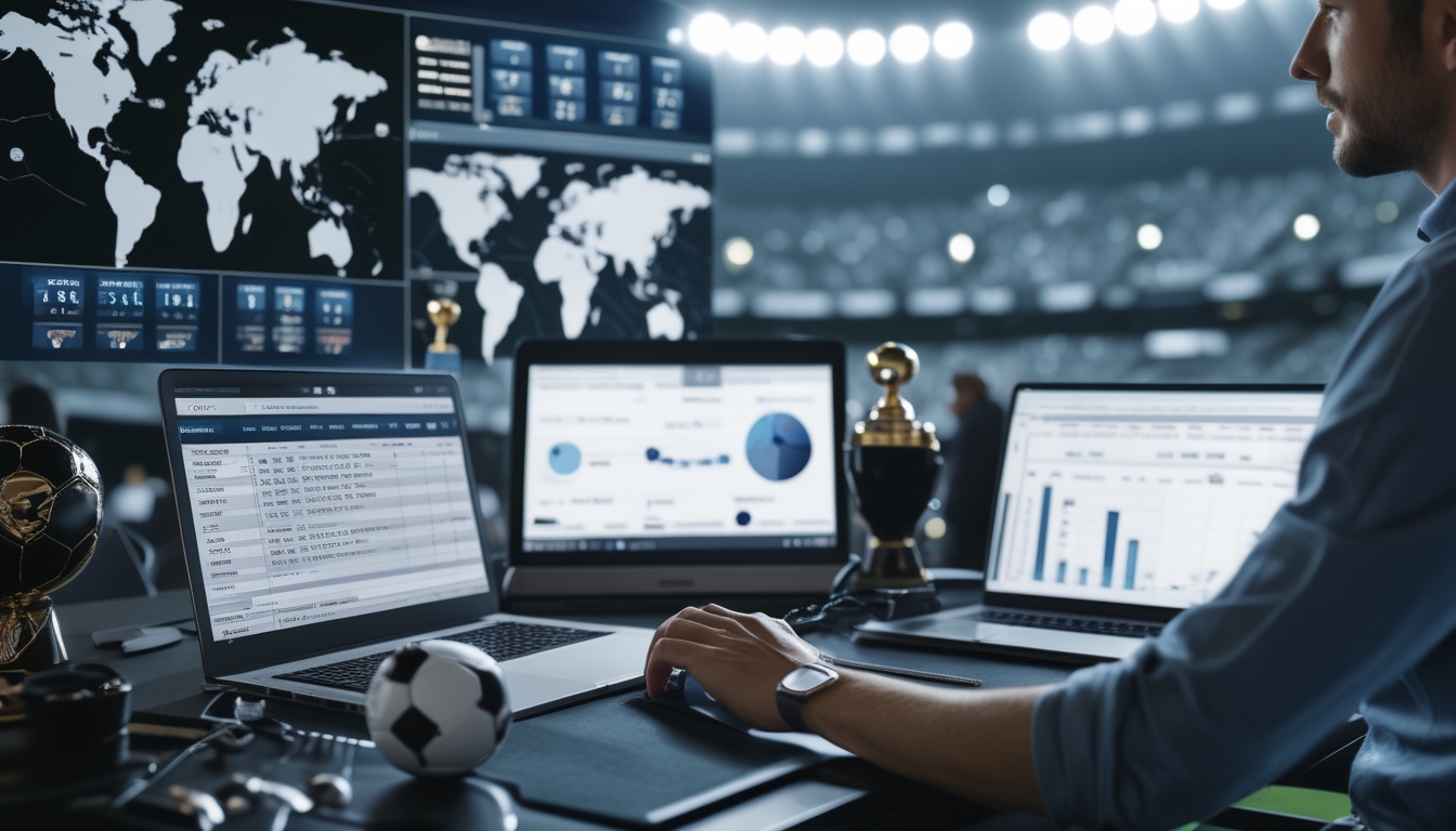 Seorang analis sedang memeriksa data sepak bola internasional di depan laptop dengan layar menampilkan statistik dan peta tim, di latar belakang terdapat elemen stadion dan peralatan sepak bola.