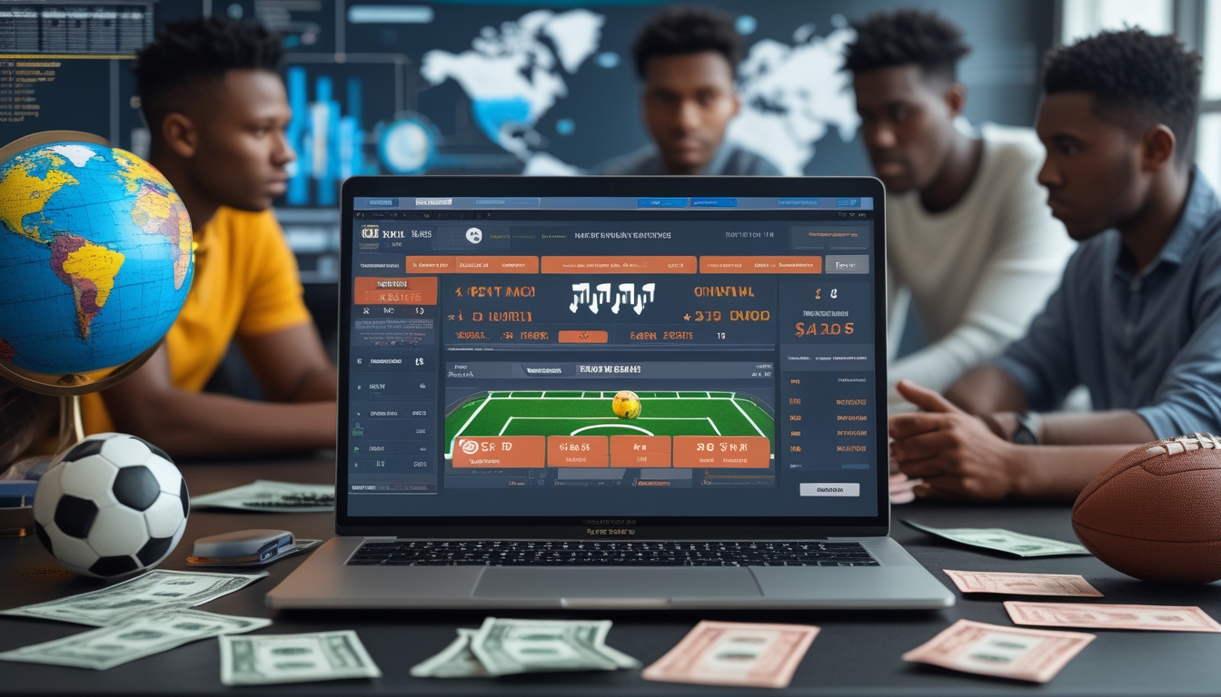 Beberapa orang muda sedang berdiskusi di depan laptop yang menampilkan statistik dan peluang taruhan sepak bola internasional, dengan bola dan globe di meja.