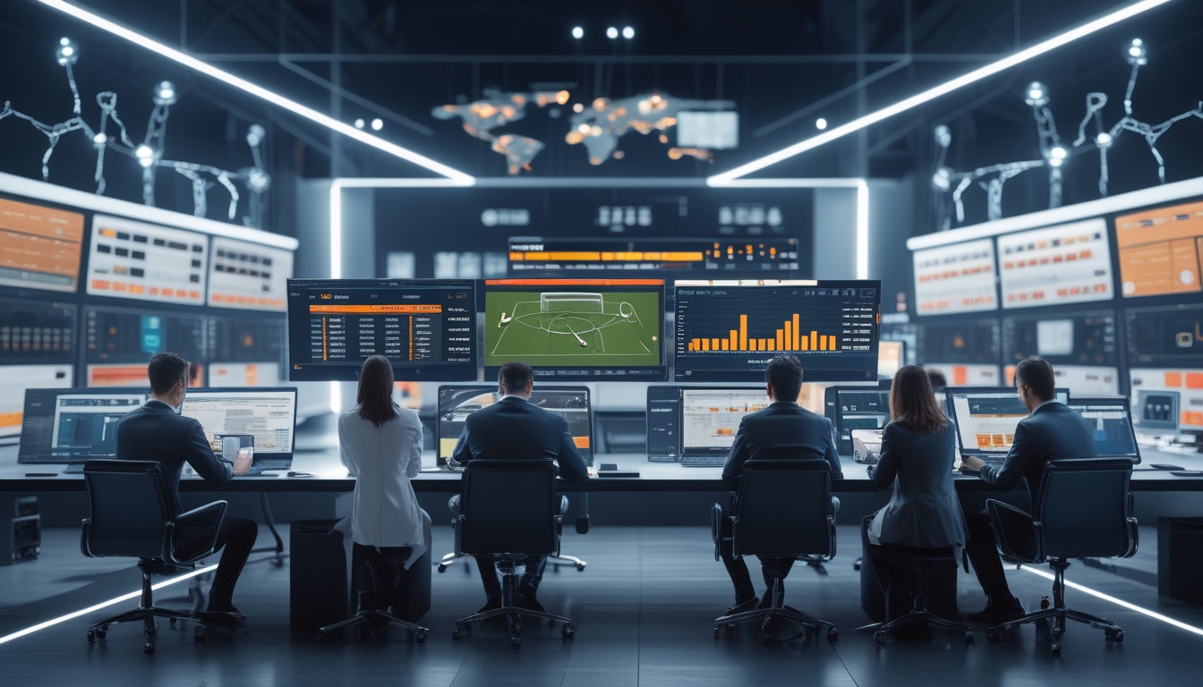 Orang-orang di ruang kerja modern melihat layar komputer yang menampilkan pertandingan sepak bola dan grafik peluang taruhan.