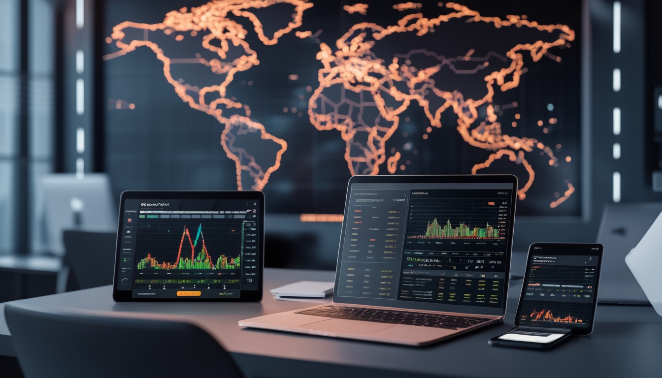 Suasana ruang kerja modern dengan perangkat digital yang menampilkan statistik dan peluang taruhan sepak bola internasional.