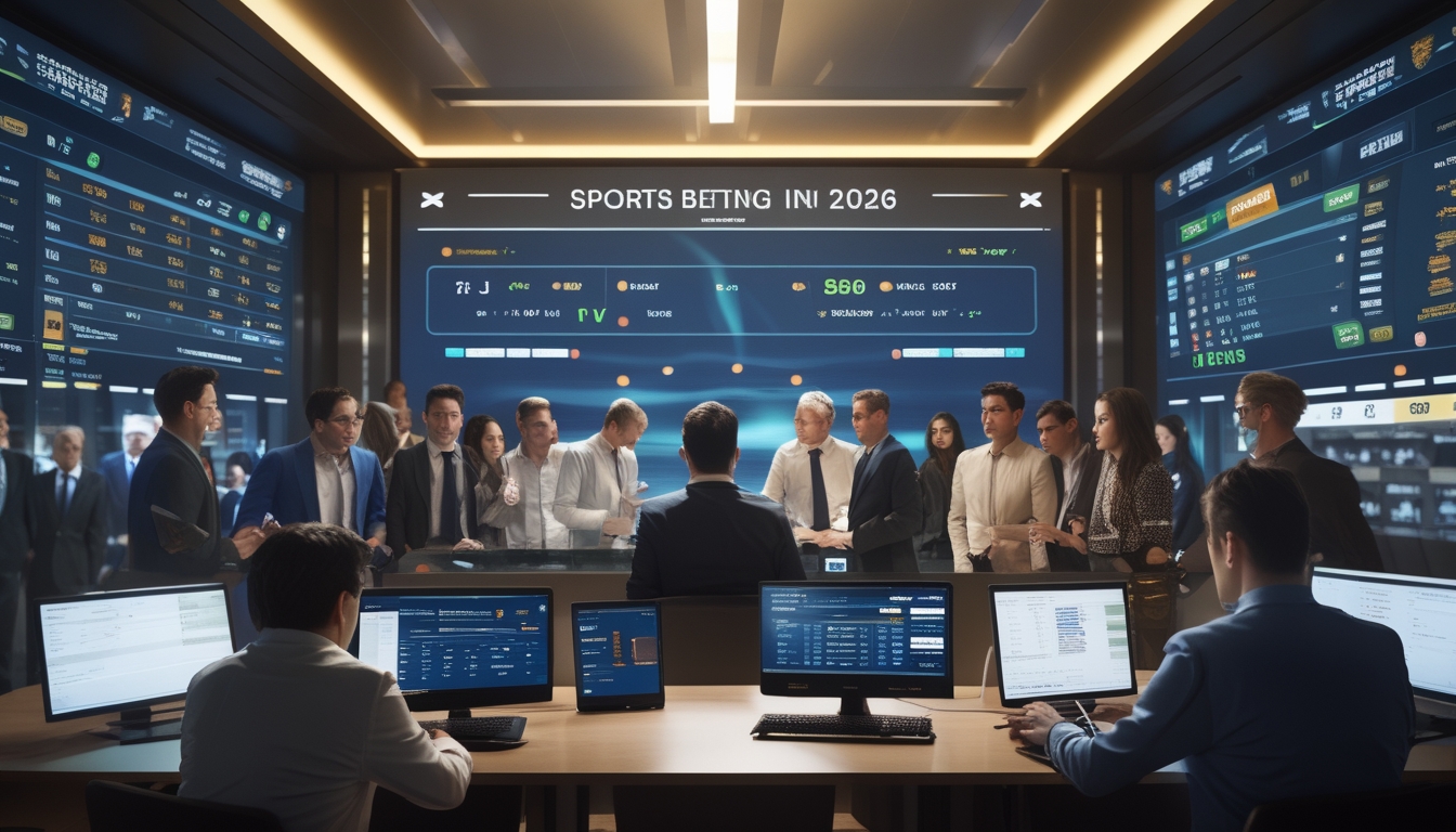 Sekelompok orang sedang berkumpul di ruangan modern dengan layar besar yang menampilkan statistik dan skor pertandingan sepak bola, terlihat fokus dan berdiskusi sambil menggunakan perangkat elektronik.