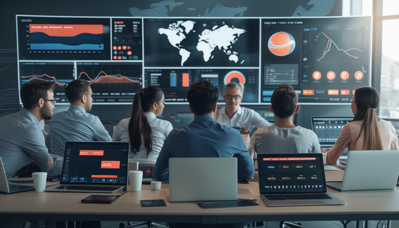 Sekelompok orang sedang menganalisis data pertandingan sepak bola internasional di sebuah kantor modern dengan layar digital besar.