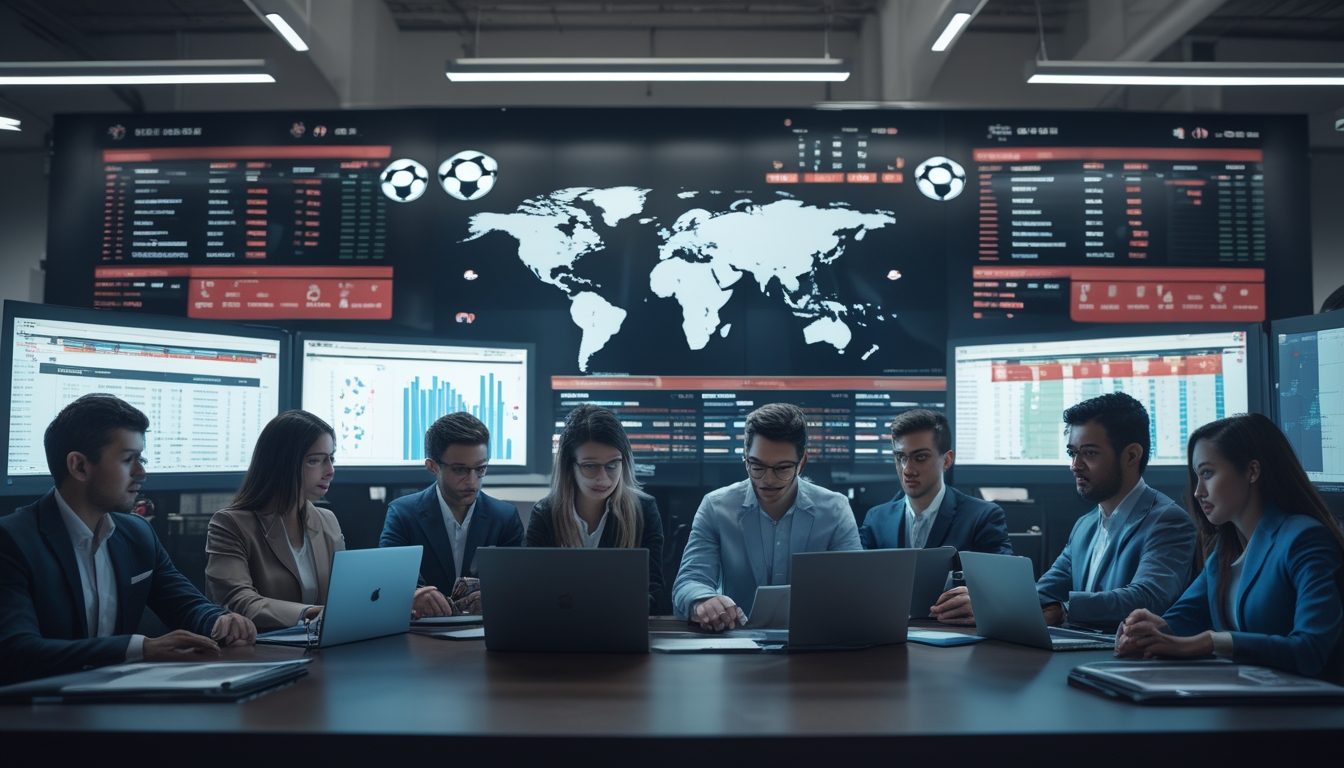 Sekelompok profesional sedang menganalisis data sepak bola internasional di kantor modern dengan layar besar dan peta dunia di latar belakang.