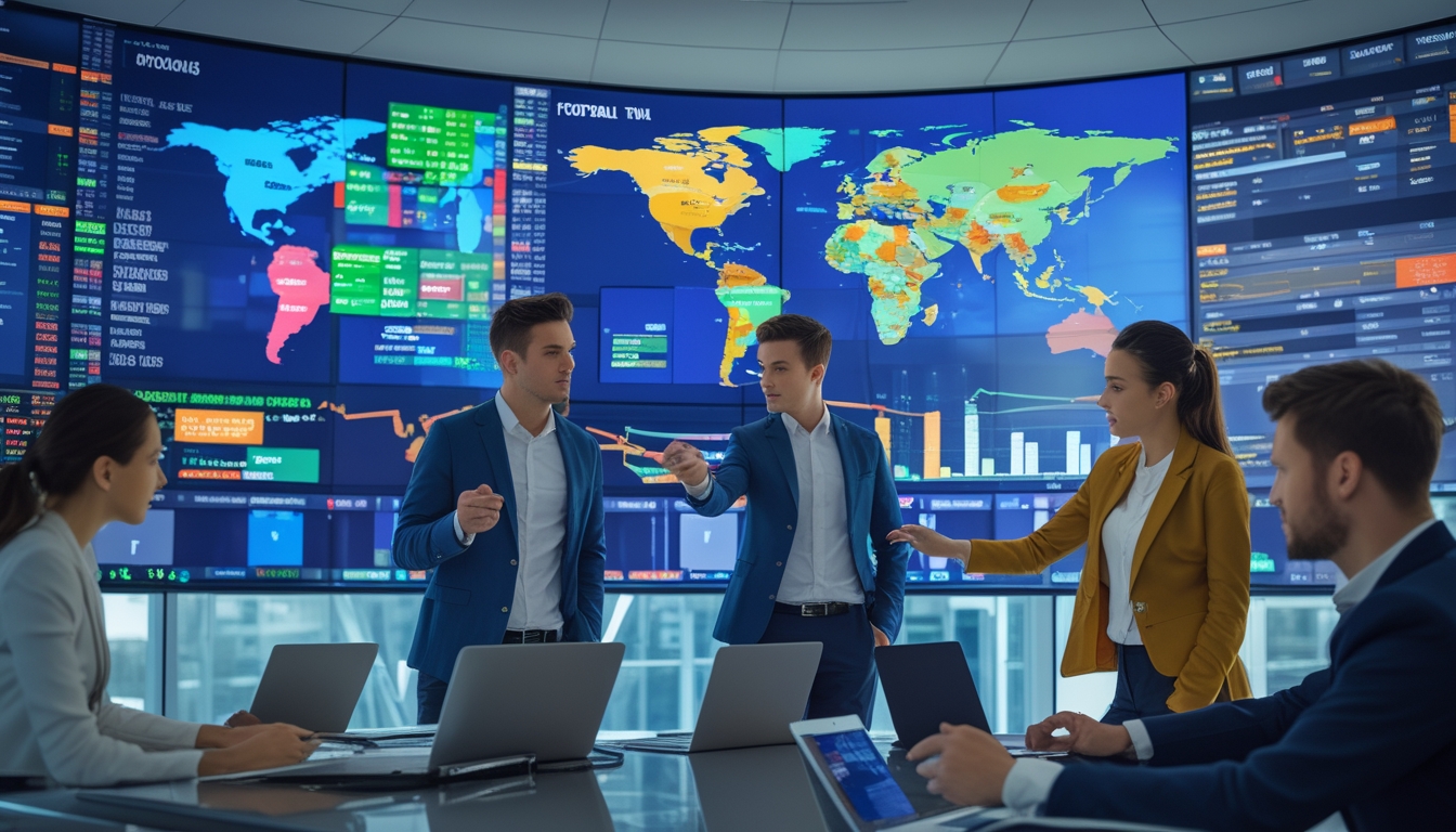 Sekelompok profesional muda sedang menganalisis data pertandingan sepak bola internasional di kantor modern dengan layar digital besar yang menampilkan statistik dan peluang taruhan.