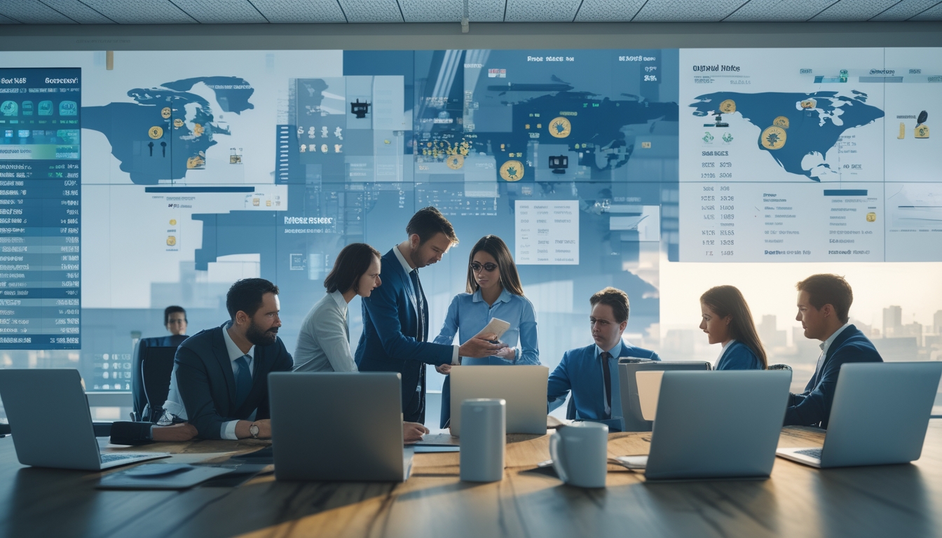 Sekelompok profesional sedang menganalisis data taruhan sepak bola internasional di kantor modern dengan layar digital dan grafik.