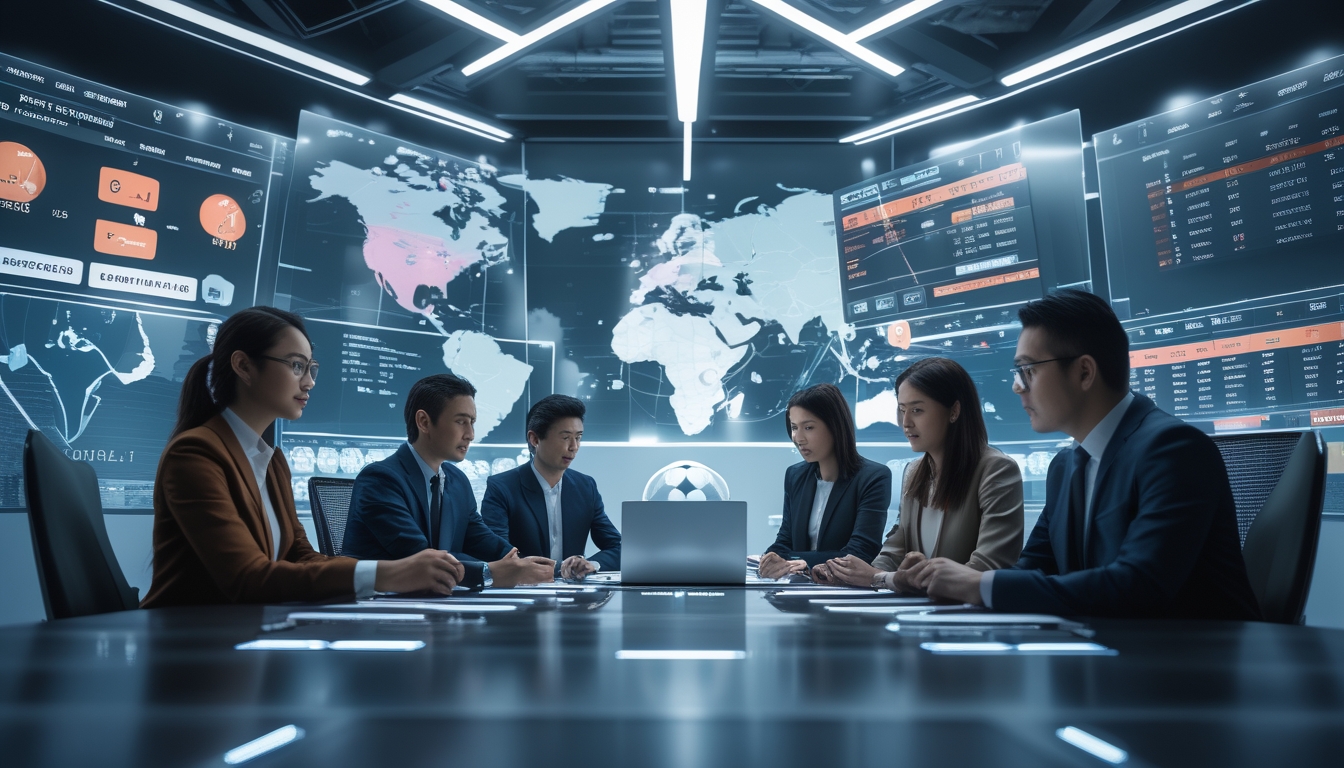 Sejumlah profesional bekerja di sebuah kantor modern dengan layar besar yang menampilkan pertandingan sepak bola dan data taruhan internasional.