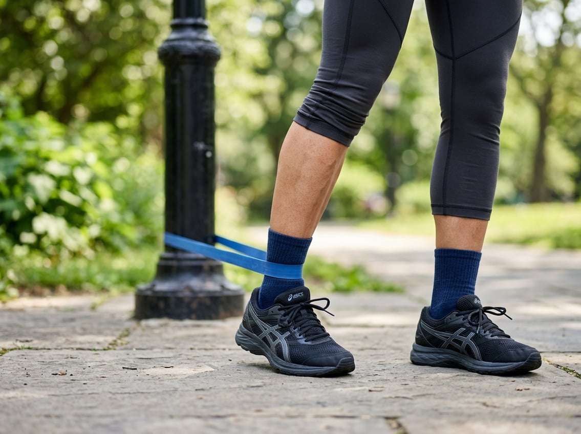 Close-up of a person exercising their ankles with resistance bands outdoors.