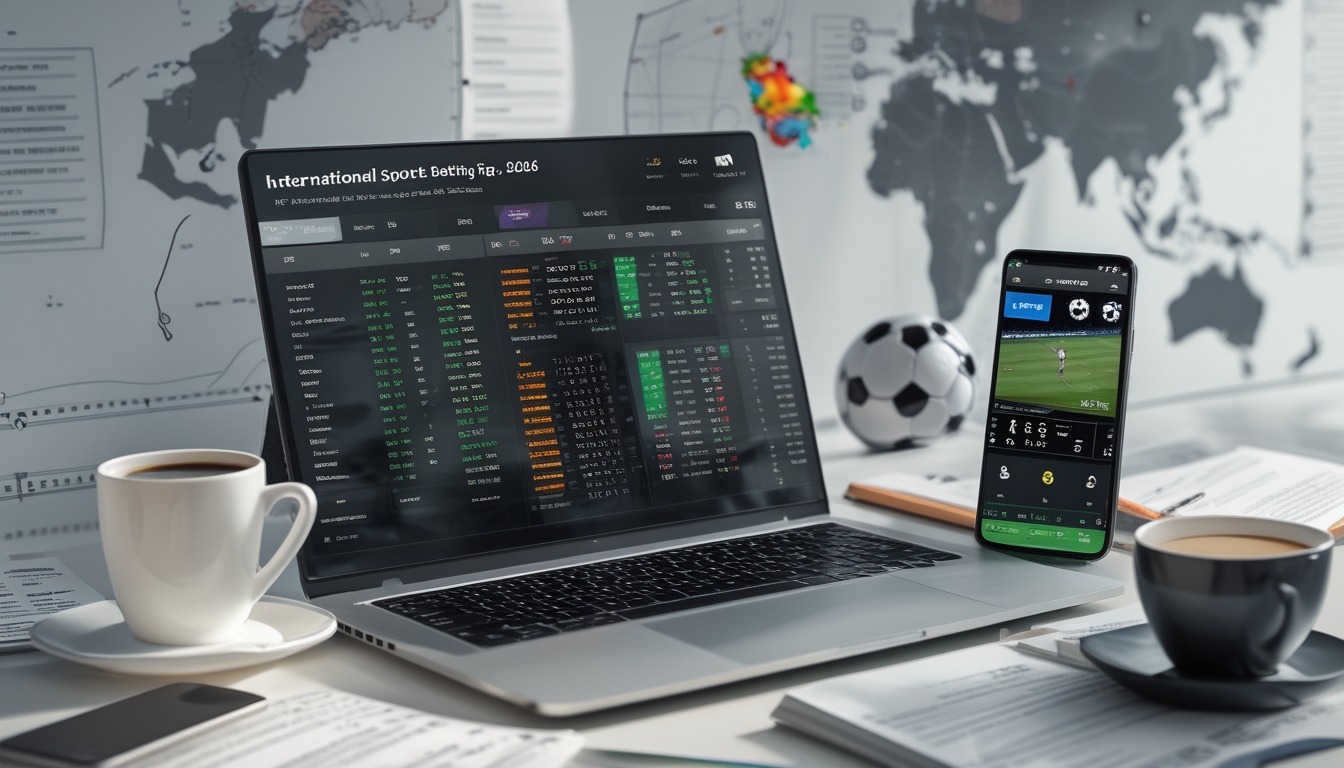 Seorang pria sedang menganalisis statistik taruhan sepak bola di laptop dan ponsel di meja kerja dengan catatan dan peta dunia di latar belakang.