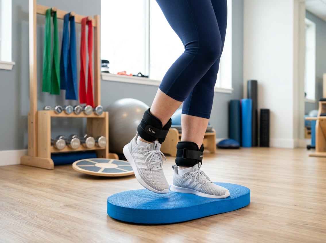 Person using ankle weights and a balance pad for ankle strengthening exercises in a gym setting with various fitness equipment in the background.