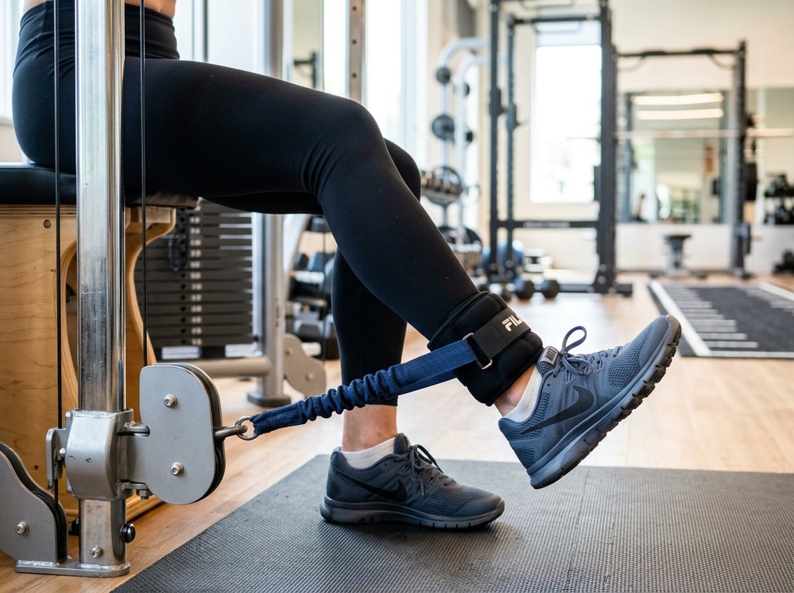 Close-up of a person’s lower legs and feet using ankle strengthening equipment during exercise in a gym.