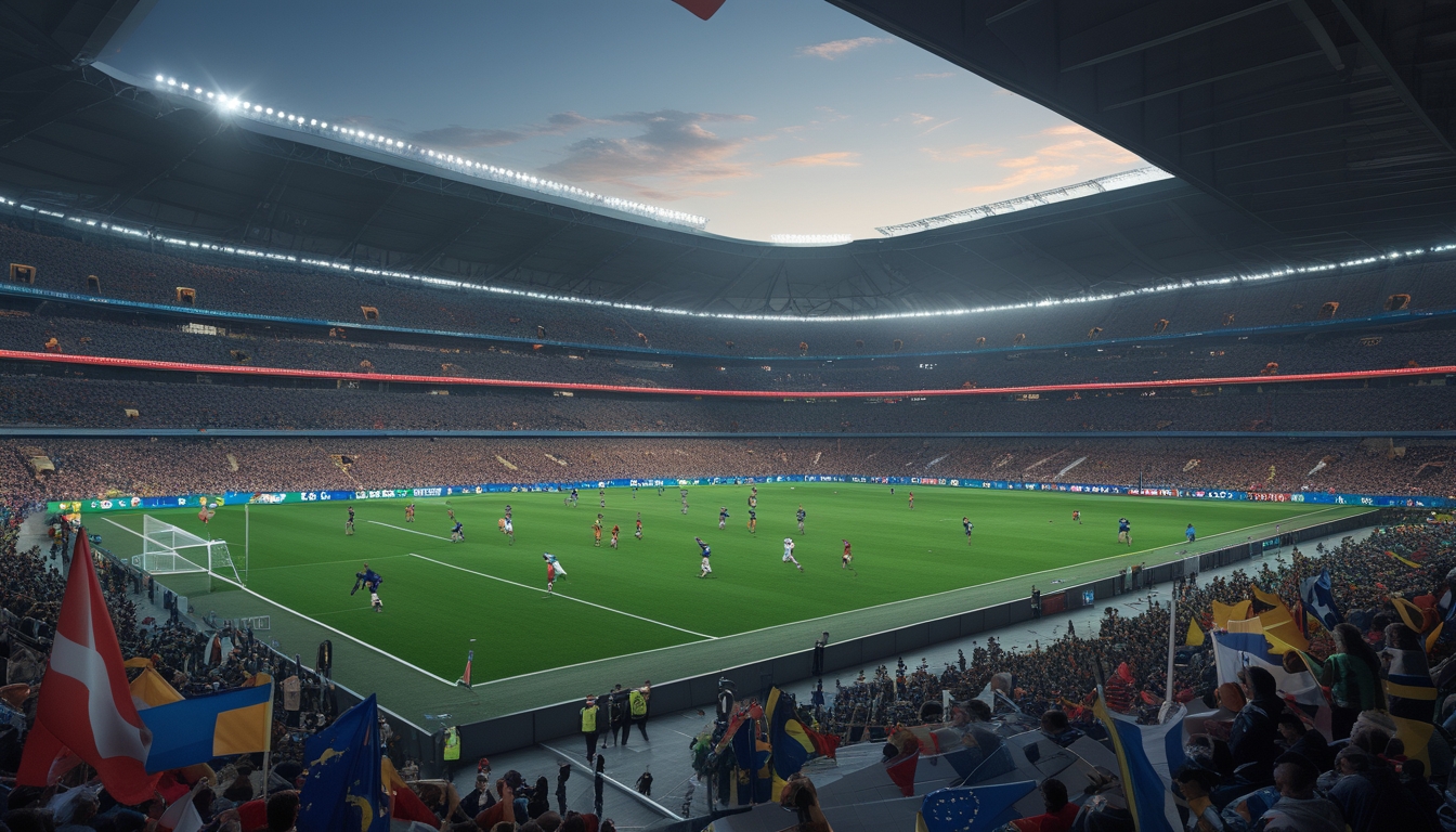 Stadion sepak bola internasional yang ramai dengan pemain yang sedang bertanding dan penonton yang antusias.