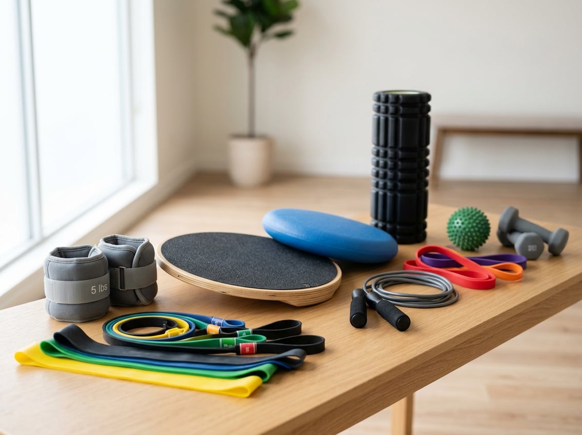 A collection of ankle strengthening equipment including resistance bands, ankle weights, balance boards, and foam rollers arranged on a clean surface.