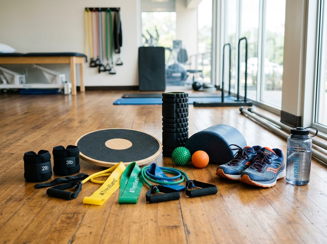 An assortment of ankle strengthening equipment including resistance bands, ankle weights, and balance boards arranged in a bright gym setting.