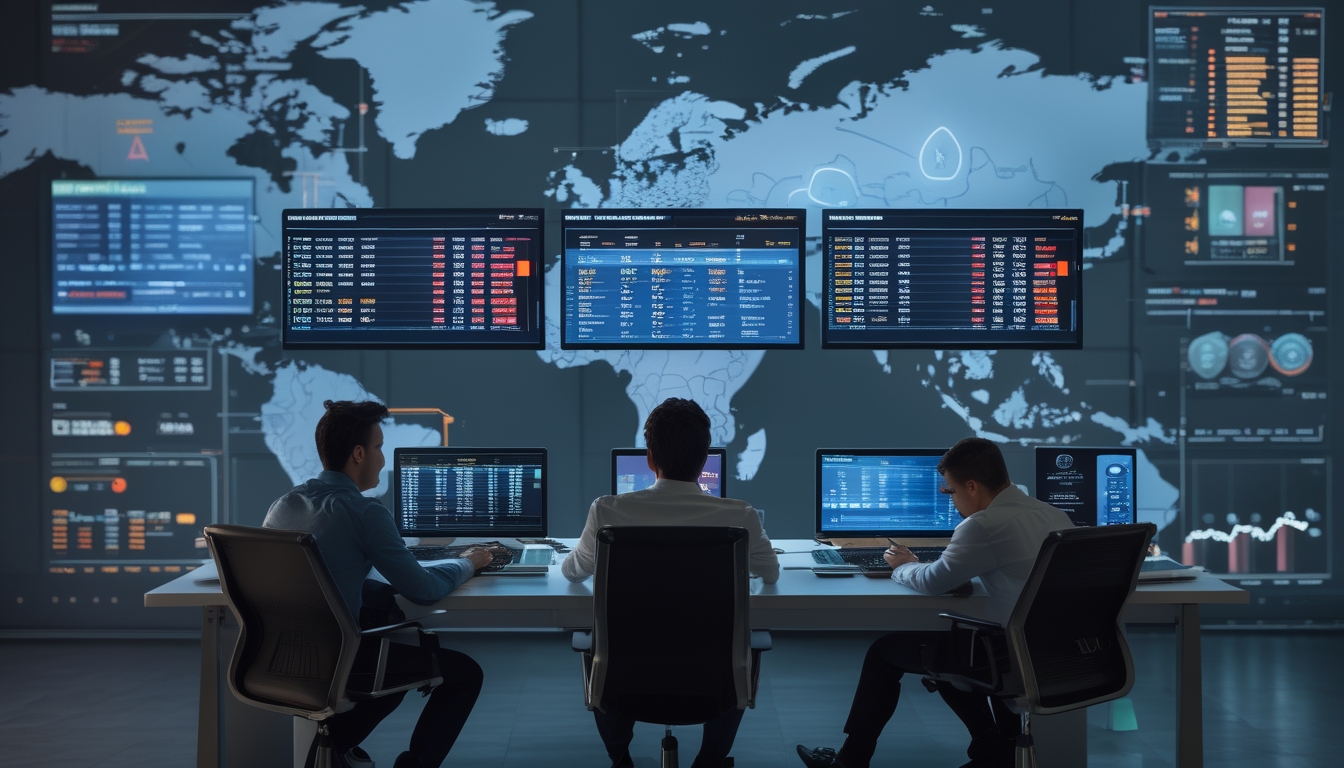 Sekelompok orang sedang menganalisis pertandingan sepak bola internasional dan data taruhan di kantor modern.