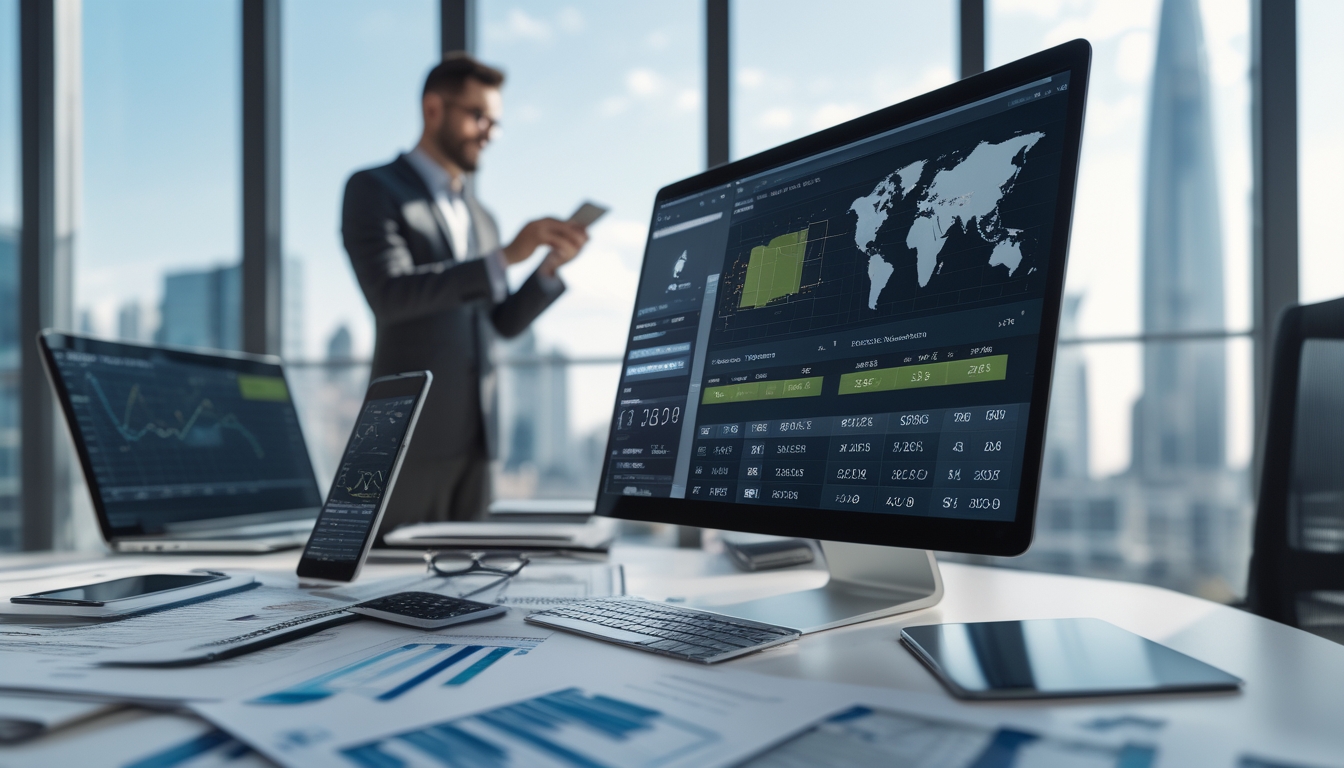 Seorang profesional sedang menganalisis data taruhan sepak bola internasional di kantor dengan layar komputer dan dokumen di meja.