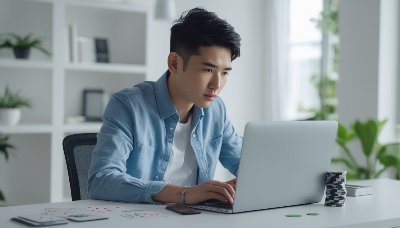 Seorang pria muda sedang duduk di meja kerja dengan laptop dan kartu remi, tampak fokus dan serius dalam suasana ruang kerja yang terang dan rapi.