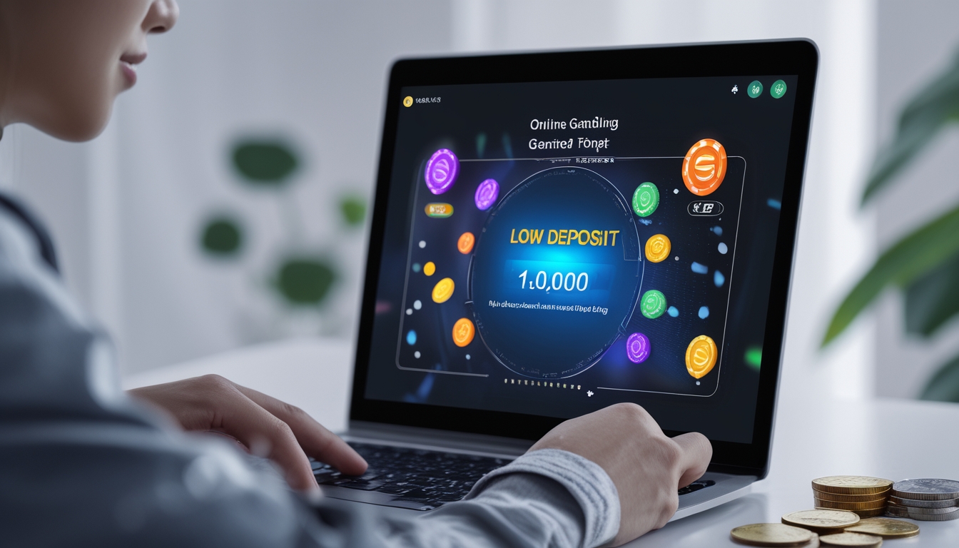 Seseorang menggunakan laptop dengan tampilan permainan Ceme online dan simbol uang di sekitar, menunjukkan konsep deposit terjangkau dan kemenangan tinggi.