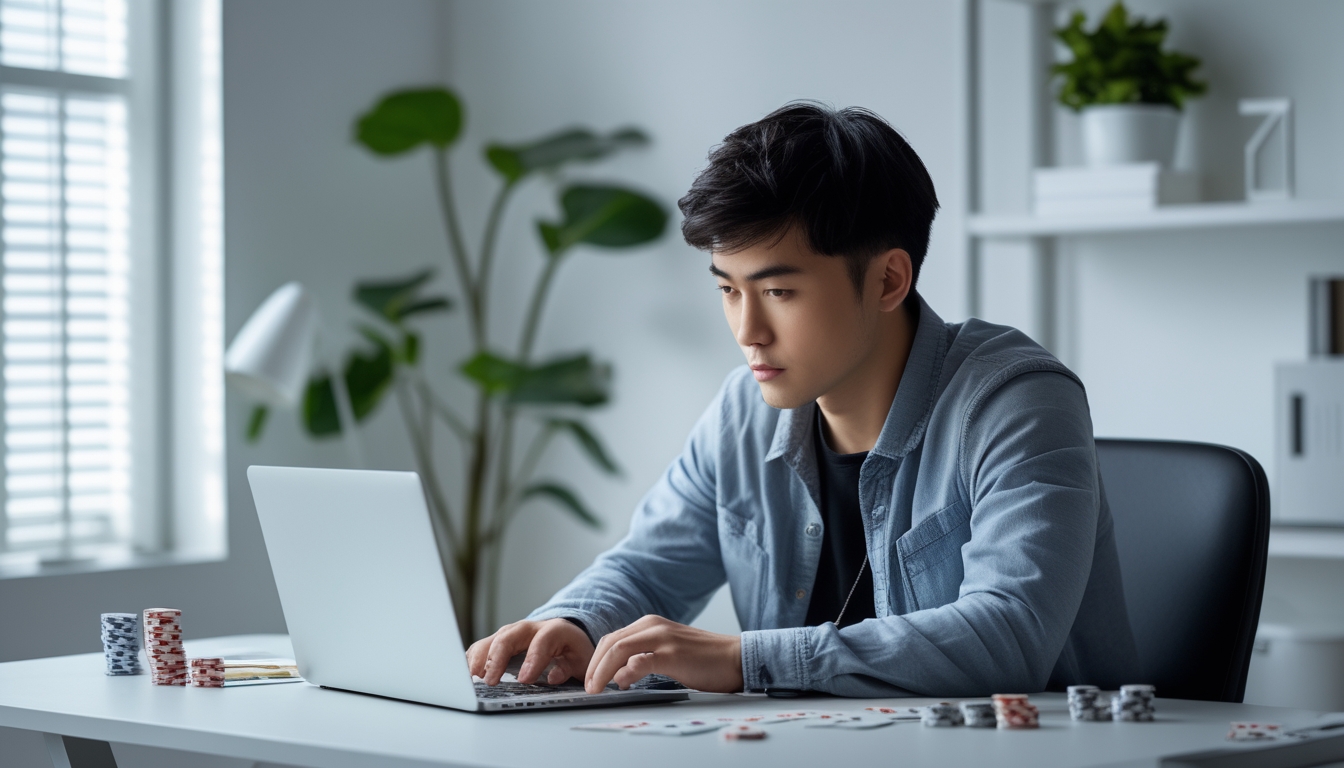 Seorang pria muda Asia duduk di meja kerja modern, fokus bermain permainan kartu online di laptop dengan kartu dan chip poker di meja.