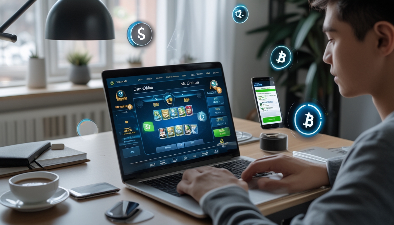 Seorang dewasa muda sedang fokus bermain permainan kartu online di laptop di ruang kerja rumah yang rapi dengan cahaya alami.