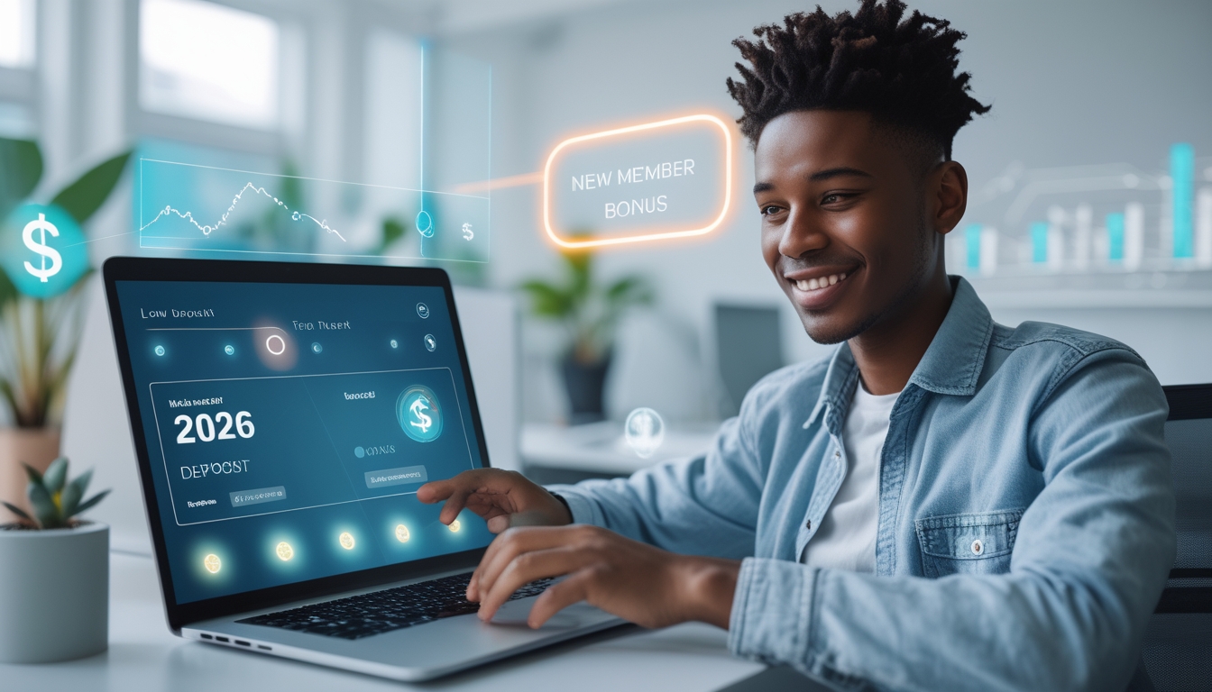 Seseorang menggunakan laptop di meja modern dengan tampilan antarmuka digital yang menunjukkan transaksi keuangan online dan bonus anggota baru.
