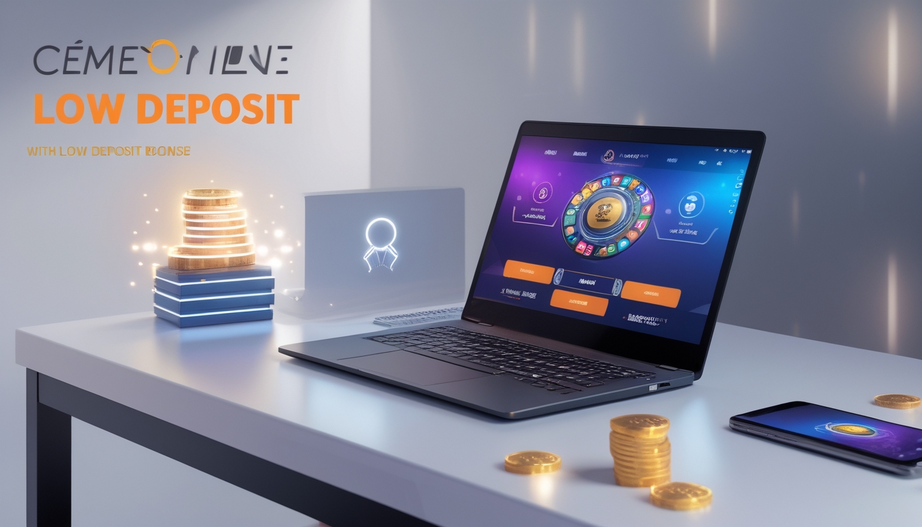Meja kerja modern dengan laptop dan ponsel yang menampilkan permainan Ceme online, dilengkapi dengan simbol koin dan ikon dompet digital.