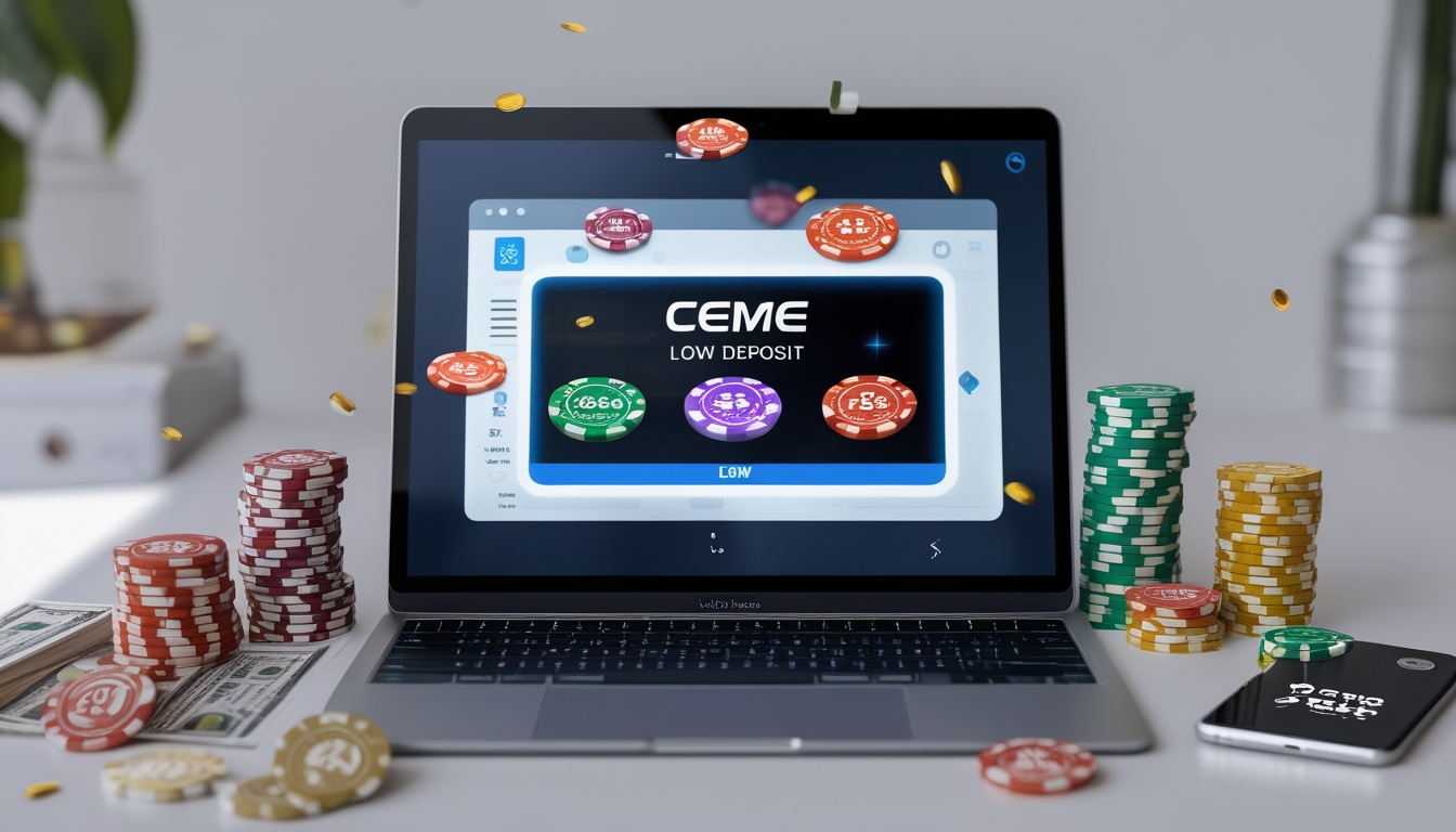 Seseorang bermain permainan Ceme online di laptop dengan tumpukan chip poker dan ponsel di meja, menunjukkan suasana nyaman dan mudah diakses.