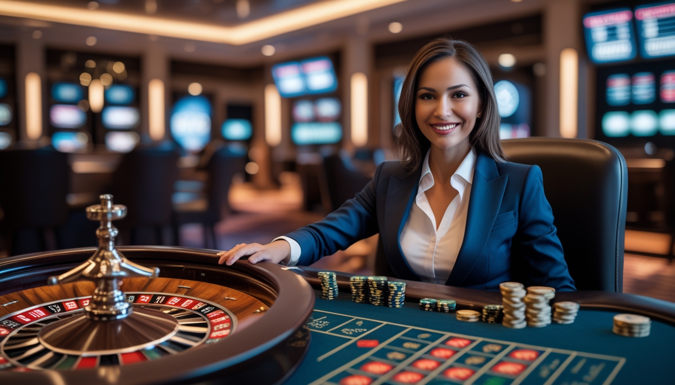 Seorang dealer wanita profesional duduk di meja roulette dengan roda roulette yang sedang berputar di depan, di latar belakang suasana kasino mewah dengan pencahayaan hangat.