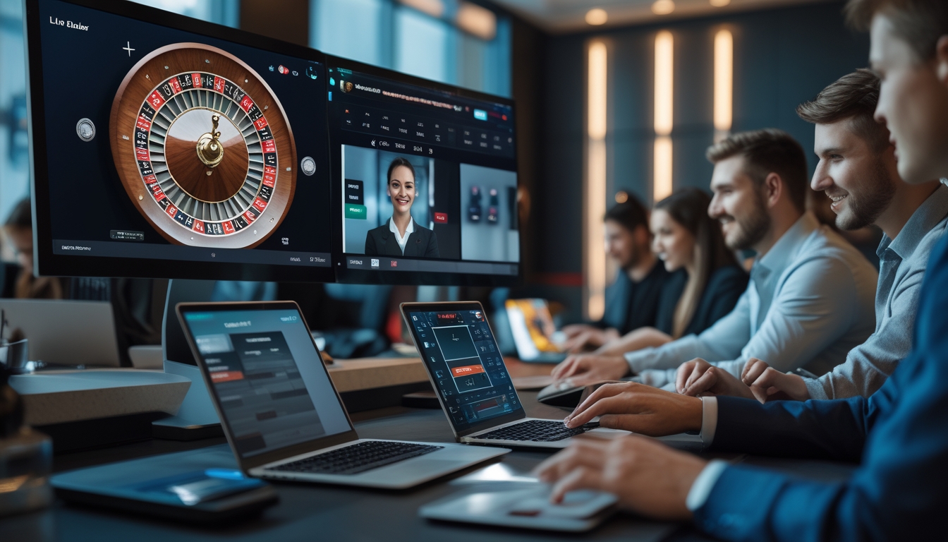 Sebuah meja permainan roulette online dengan dealer langsung di layar komputer dan beberapa pemain menggunakan perangkat elektronik di sekitarnya.