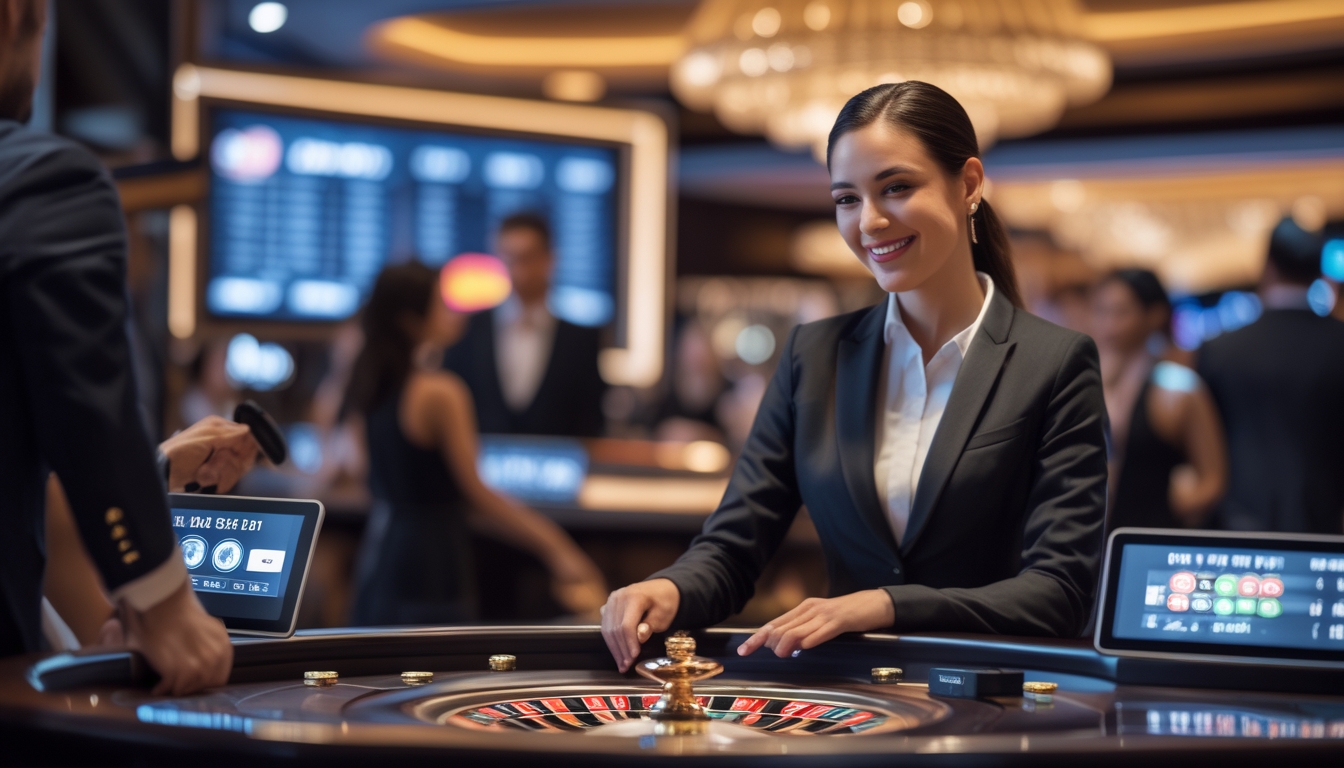 Seorang dealer roulette profesional sedang melayani permainan roulette langsung di kasino dengan suasana mewah dan modern.