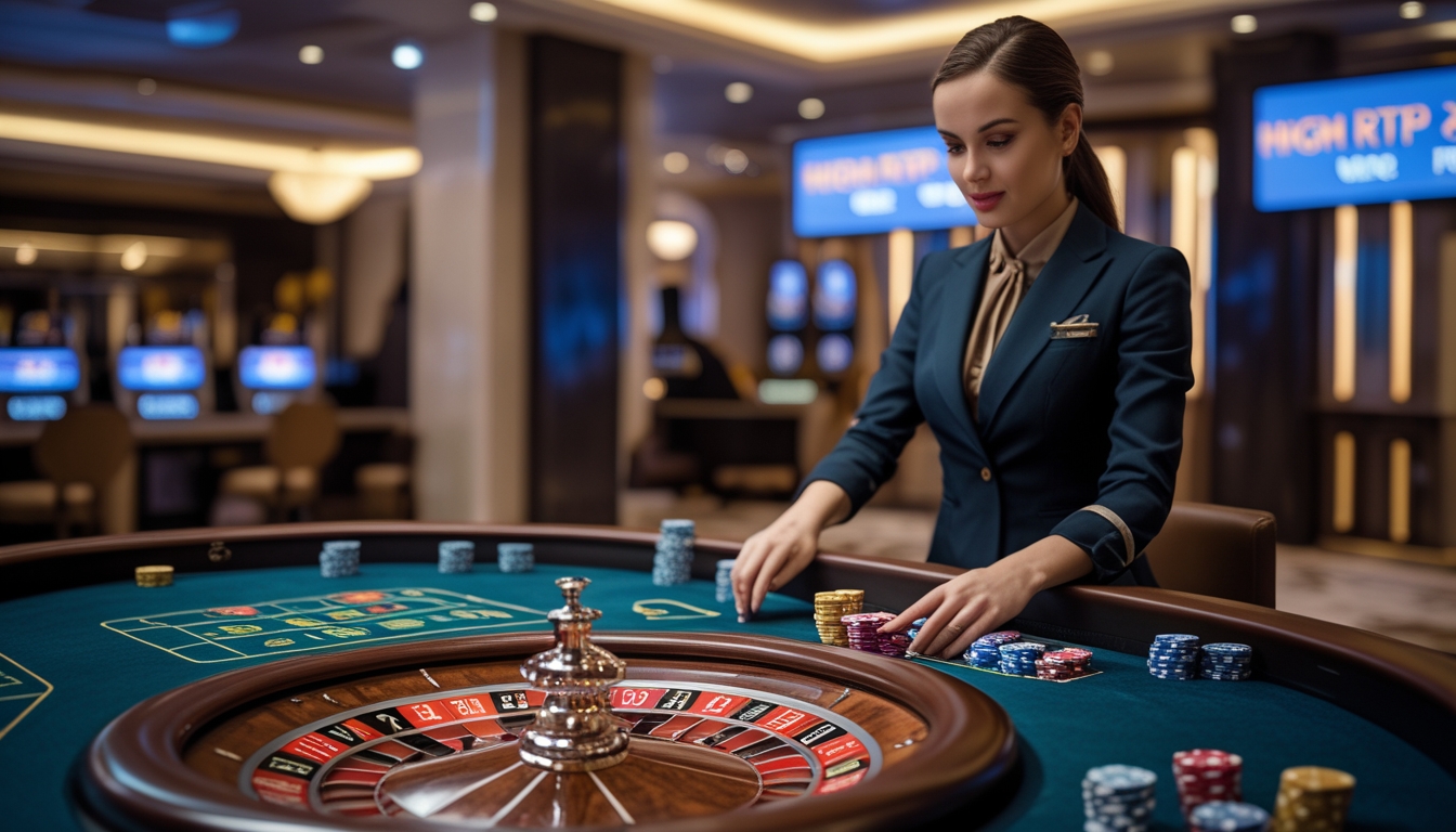 Seorang dealer wanita sedang memutar roda roulette di meja kasino yang mewah dengan chip taruhan dan layar digital di latar belakang.
