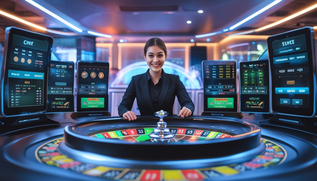 Seorang wanita muda yang tersenyum sedang mengelola permainan roulette online live dealer dengan layar digital dan suasana kasino modern di latar belakang.